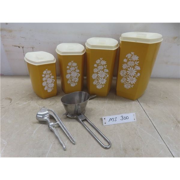 4-Piece Plastic Canister Set Harvest Gold, Vintage Grinder, Garlic Press