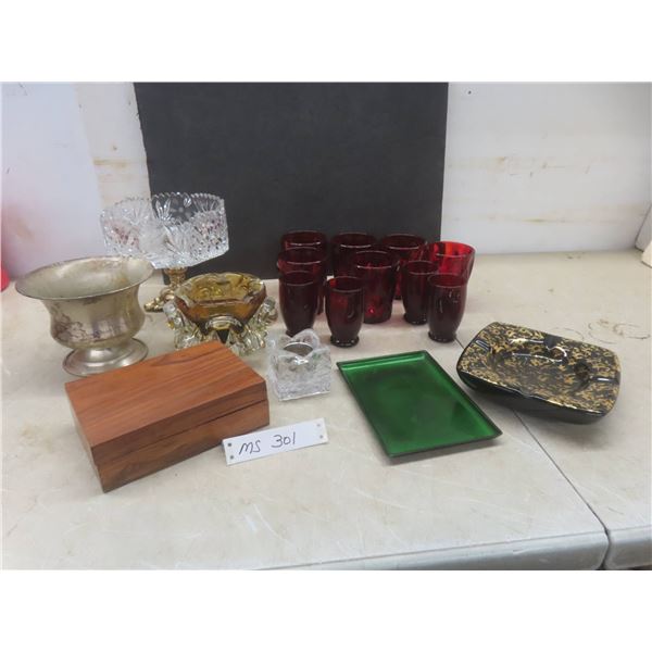 10 Ruby Red Glasses, Crystal Candy Dish, Ashtrays