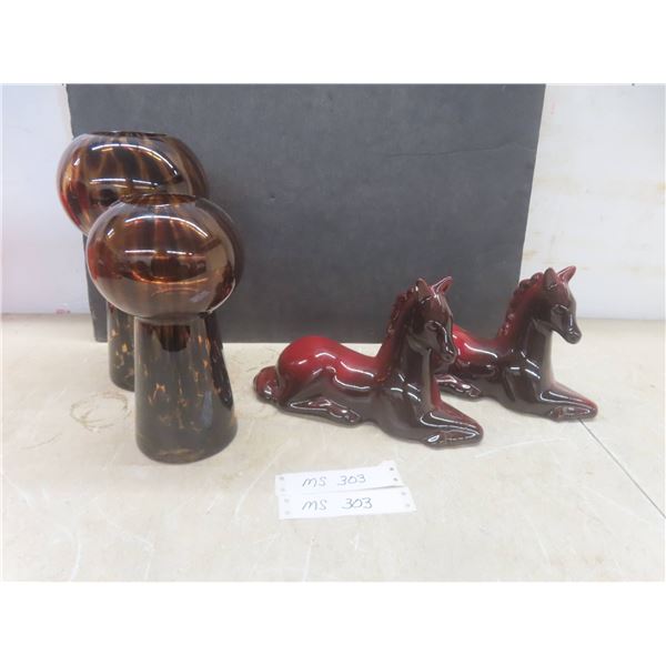 Decorative Art Glass Vases Tallest 10 1/2", 2 Ceramic Horse Figures