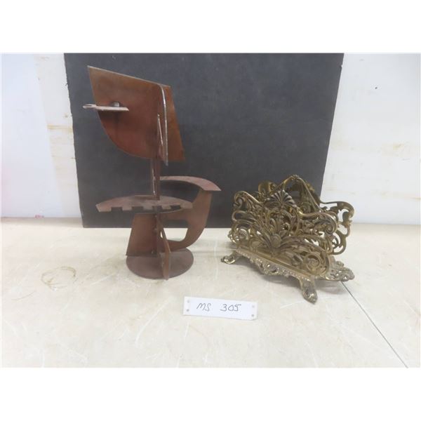 Metal Art Abstract 13" Tall, Brass Scroll Napkin/Letter Holder