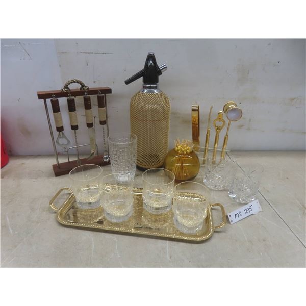 2 Bar Tool Sets with Stand, Vintage Seltzer Bottle, Tray, Crystal Glasses