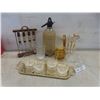 Image 1 : 2 Bar Tool Sets with Stand, Vintage Seltzer Bottle, Tray, Crystal Glasses