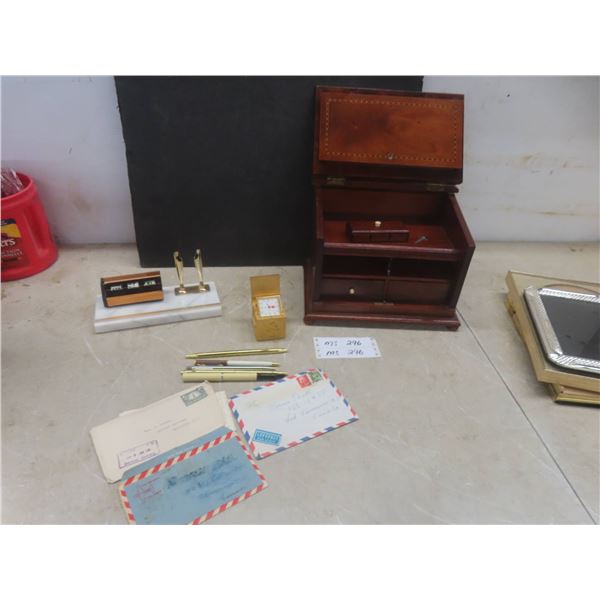 Vintage Writing Desk, Desk Set with Perpetual Calendar, Pen Holder and Bulova Desk Clock