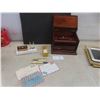 Image 1 : Vintage Writing Desk, Desk Set with Perpetual Calendar, Pen Holder and Bulova Desk Clock