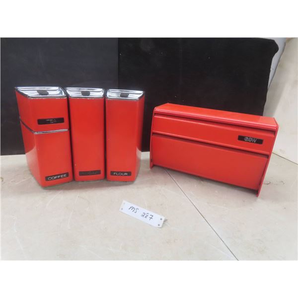 Vintage Metal 4-Piece Cannister Set And Matching Paper Dispenser Burnt Orange