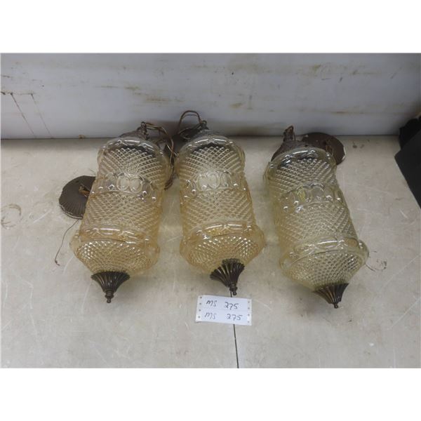 3 Vintage Hanging Pendant Lights With Hobnail Style Glass And Brass Caps And Bases Fixture Height 1