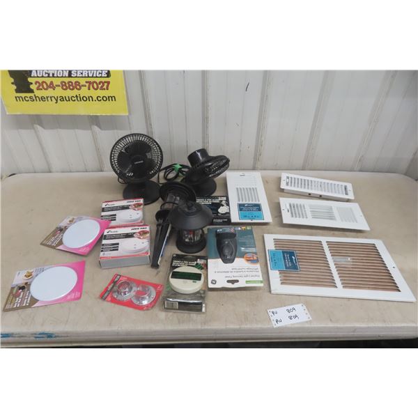 Household Miscellaneous, 2 Working Desk Fans, Light Sensing Timer, 4 Smoke Alarms, Air Vent Covers,