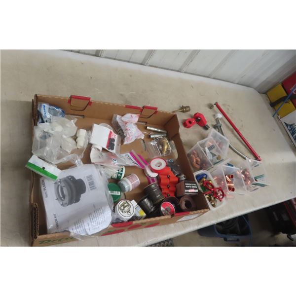 Large Box Of Plumbing Supplies, Copper Fittings, Solder Rolls, Fittings, Plumbers Wrench, Cleaning