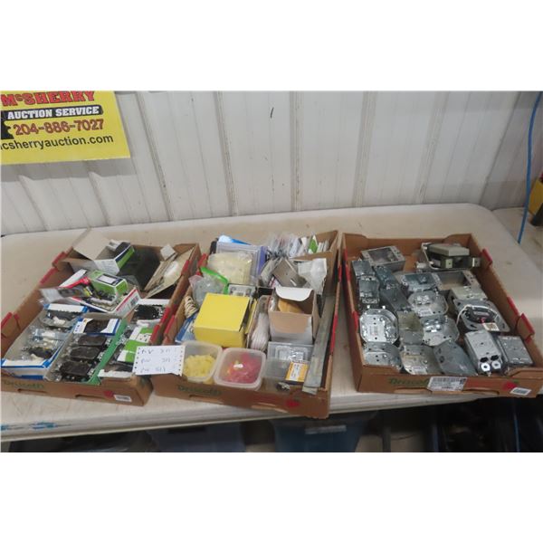 3 Large Boxes Of Electrical Supplies, Plugs, Switches, Electrical Boxes, 3 Full Boxes Of Electrical