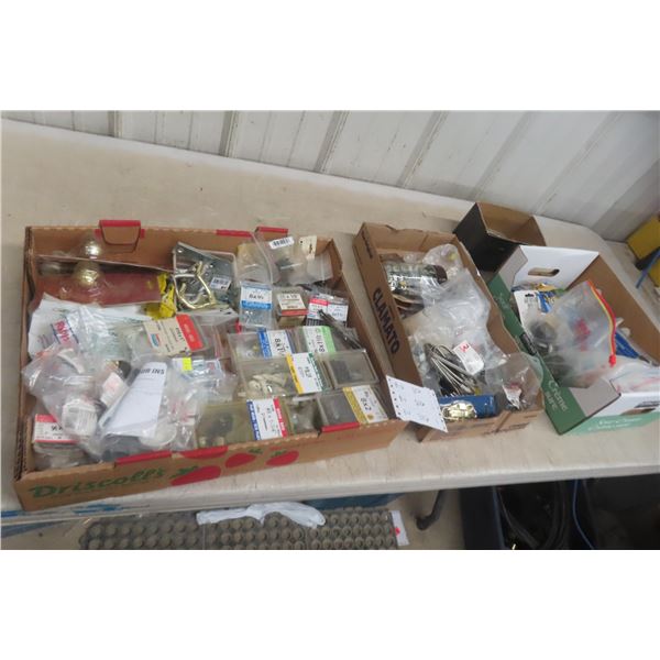 3 Boxes Of Household Hardware, Assorted Boxes Of Screws, Latches, Hinges, Handles, Fasteners, Etc.