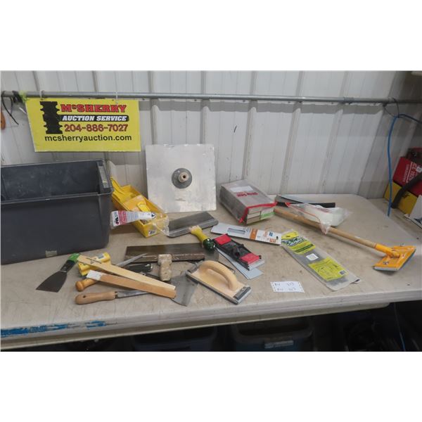 Box Of Drywall Finishing Tools, Putty Knives, Sanding Heads, Sandpaper, Tape, Foam Sanding Blocks,