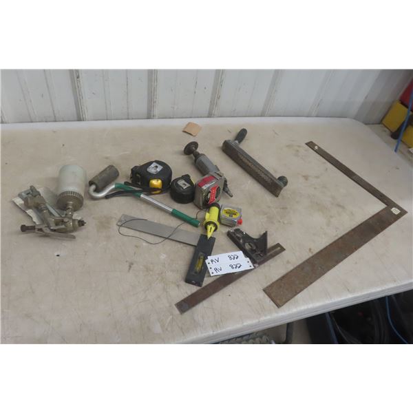 Power Master, Marker And Contour Gauge, 4 Measuring Tapes, 3 Squares, Sharpe Air Sprayer, Etc.