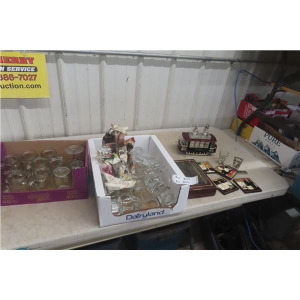 Boxes Of Bar Supplies, Wine Glasses, Mugs, Train Decanter, Coasters, Etc.