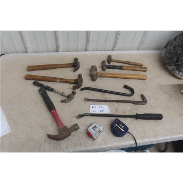 4 Hammers, 3 Pry Bars, 3 Ballpen Hammers, 2 Tape Measures, and 4 Pipe Wrenches