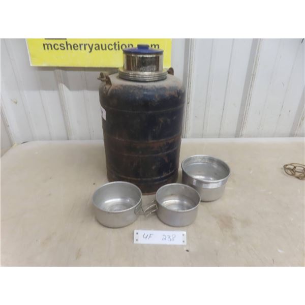 Stanley Thermal Jug 1950s One Gallon Lineman's Cooler Black Steel Porcelain Blue Lined And 3 Alumin