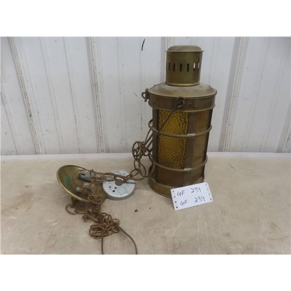 Antique Brass Hanging Electric Lantern Lamp With Amber Glass