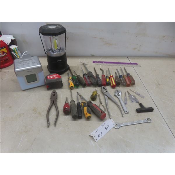 Clock Radio Cube, Lantern, Screwdrivers, Pliers, Tape Measure