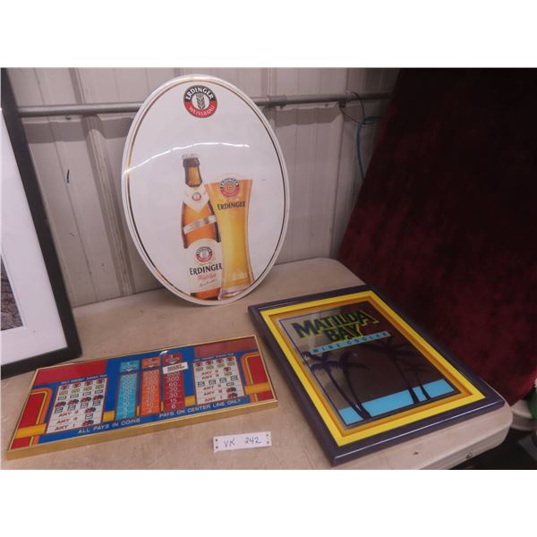 3 Bar Room Signs: Erdinger Oval Metal 24" x 18", Matilda Bay 19" x 16", And Slot Machine 9" x 20"