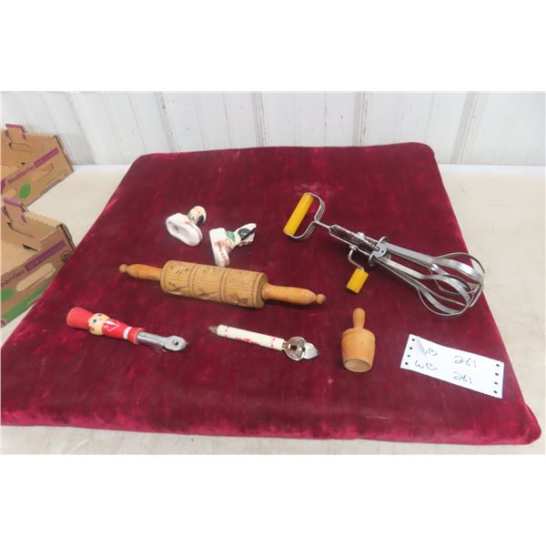 Vintage Cheese Molds, Rolling Pin, Bottle Openers, Egg Beater, Salt And Pepper Shakers Japan