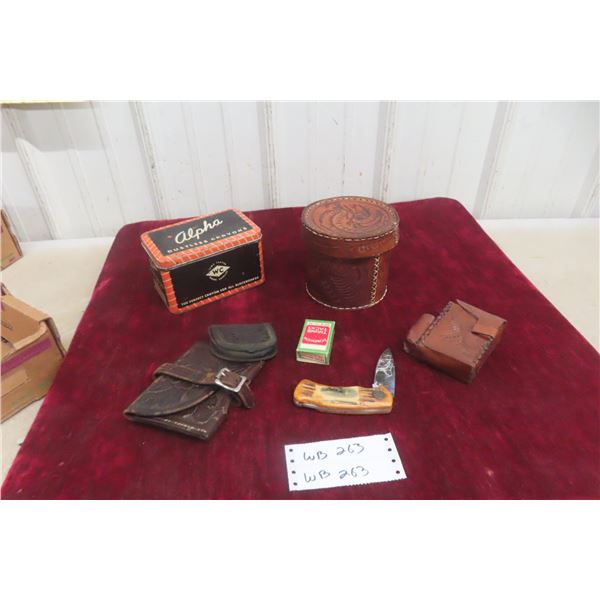 4 Vintage Leather Hand Tooled Bags, Heavy Pocket Ornate Knife And Hardware