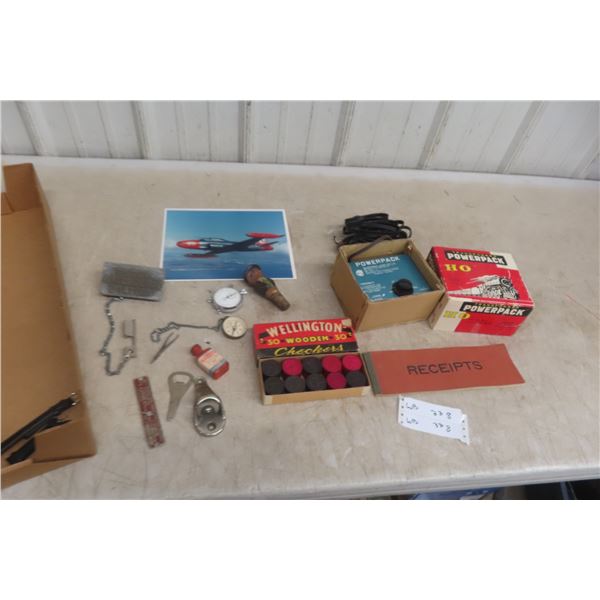 Old General Store Product, HO Power Train Station, Compass, Stop Watch, Checkers And Wine Bottle Ge