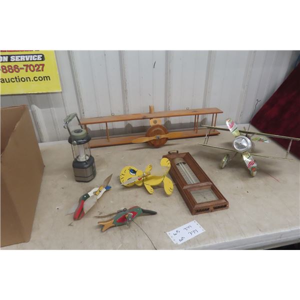 Vintage Wood Wind Chimes, Aluminum Beer Can Airplane, Lantern And Barometer Temp Gauge