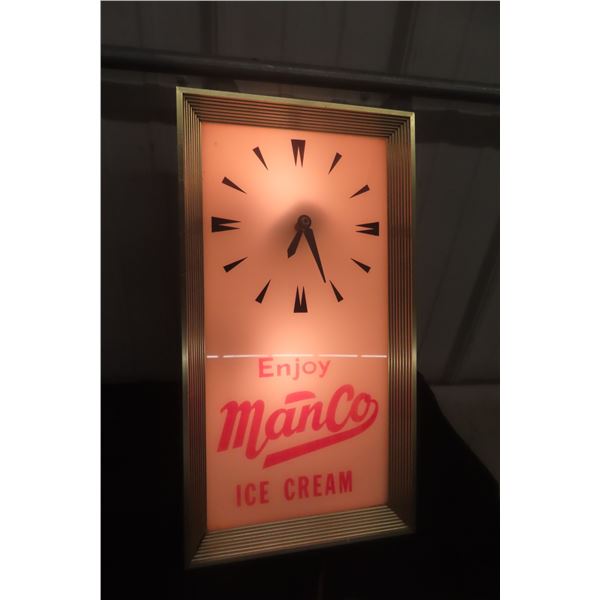 Vintage Manco Ice Cream Light Up Clock, Working, 20" x 11"