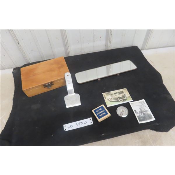 Antique North Star Oil Hand Metal Scraper, Castro Auto Meter And 1940s Car Truck Visor Clip On Mirr