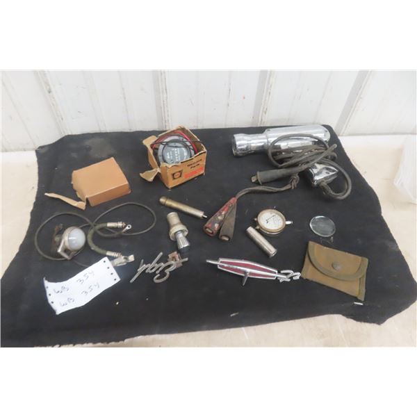 Antique Schrader Tire Pressure Gauges, 2, Timing Light, Voltmeter And Case, Glass Goggle Lens, Embl