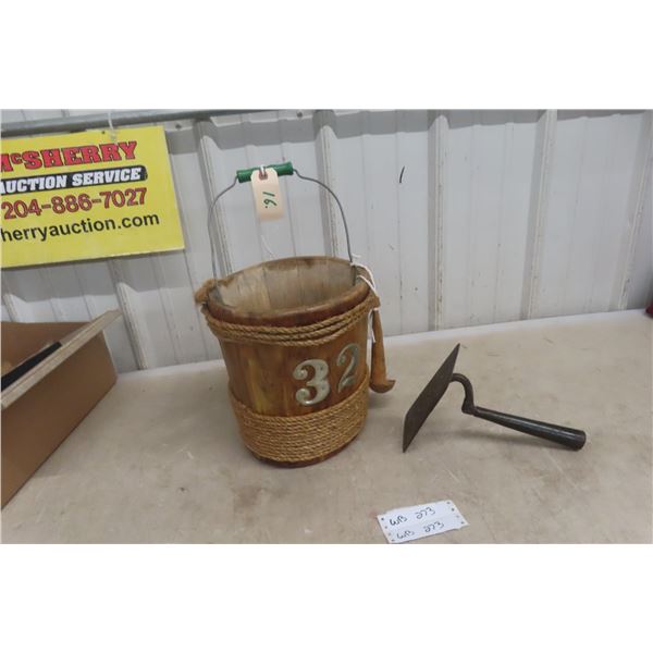 Antique Pioneer Old Staved Wood Bucket With Metal Number, Primitive Spoon And Hoe