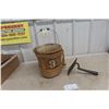 Image 1 : Antique Pioneer Old Staved Wood Bucket With Metal Number, Primitive Spoon And Hoe