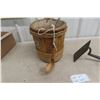 Image 4 : Antique Pioneer Old Staved Wood Bucket With Metal Number, Primitive Spoon And Hoe