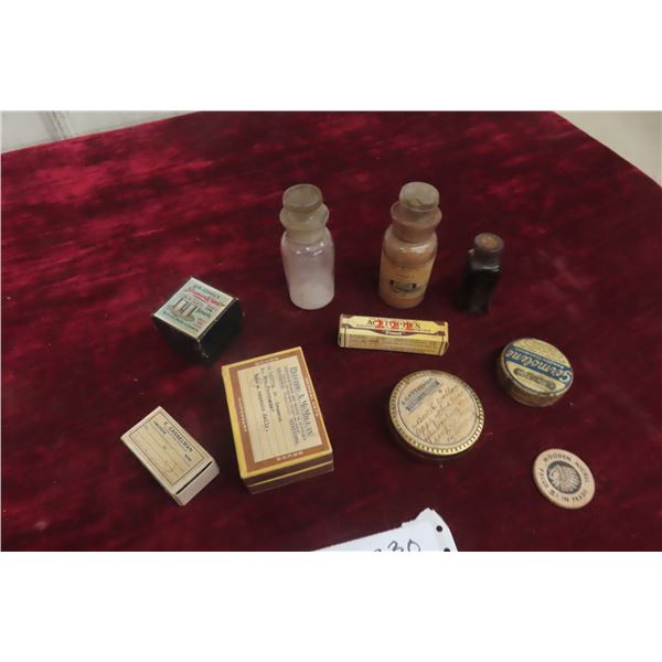 10 Antique Pharmacy Boxes, Bottles And Wood Indian Coin