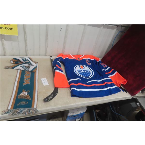 Edmonton Oilers Size 52 Hockey NHL Jersey, Sherwood Autographed Stick And Manitoba Moose Scarf