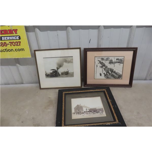 3 Antique Original Pictures Steam Threshing Machine Harvest 1915, Horse Logging And Haying