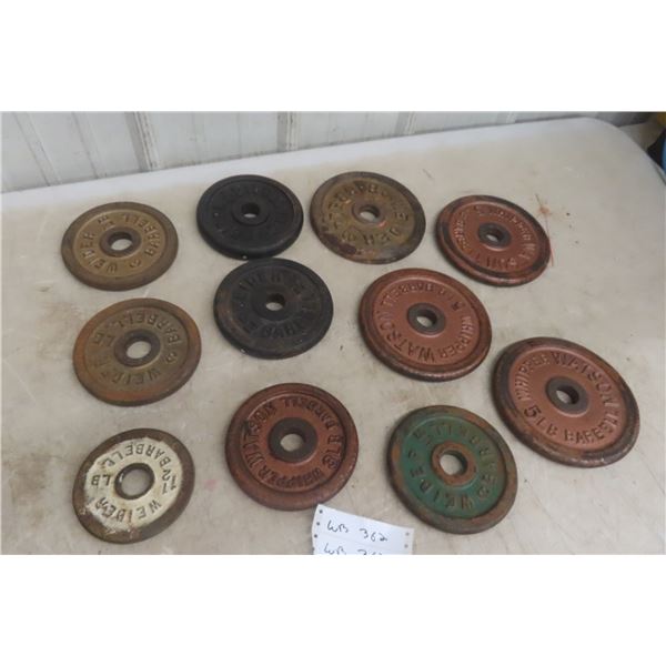 11 Antique Weider And Whipper Watson Rare Barbell Weights 5 Lbs X 6, 3 Lbs X 4, 1 1/2 Lbs X 1