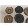 Image 2 : 11 Antique Weider And Whipper Watson Rare Barbell Weights 5 Lbs X 6, 3 Lbs X 4, 1 1/2 Lbs X 1