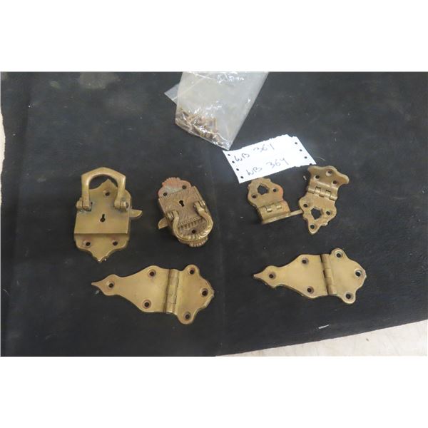 2 Sets Of Antique Ice Box Brass Hinges, Locks And Screws