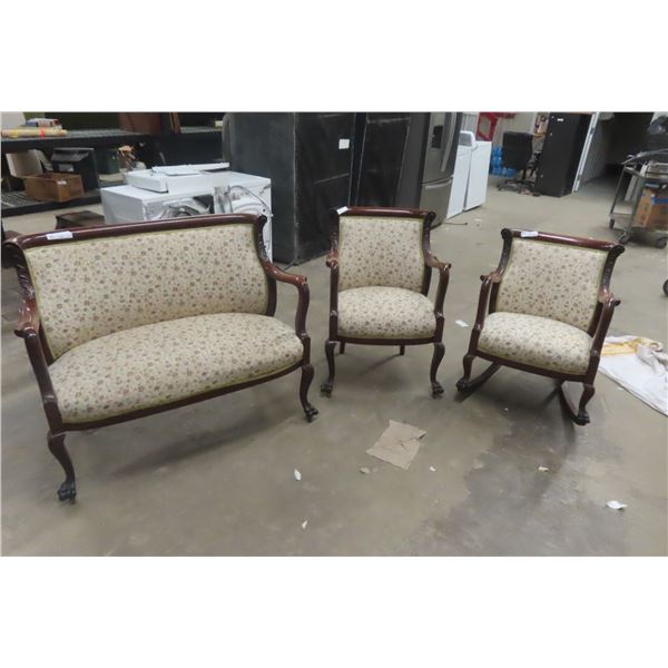 3 Piece Antique Settee Set With Side Chair + Rocker