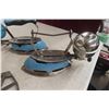 Image 2 : 2 Coleman Gas Irons with Rests and Butcher Block Style Clock