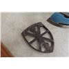 Image 4 : 2 Coleman Gas Irons with Rests and Butcher Block Style Clock