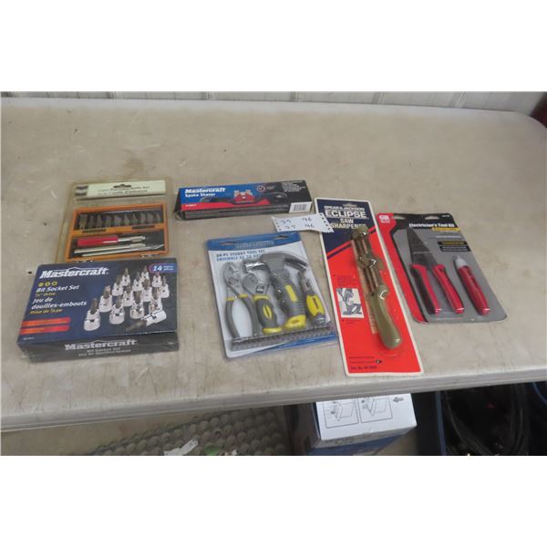 New Tools Bit Socket Set, Precision Knife Set, Spoke Shave, Saw Sharpener, And Electrician Tool Kit