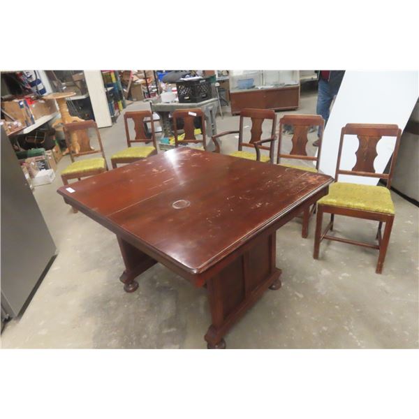 Table, 29" X 50" X 30", With 3 Leafs 8" Each And 6 Chairs