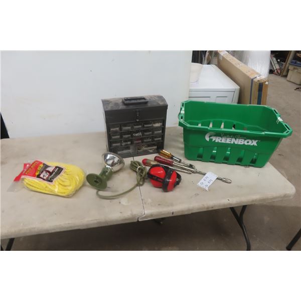 Portable Organizer with Product, ScrewDrivers,  3/8" X 50' Rope