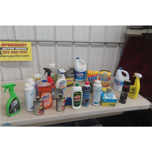 Cleaning Supply Lot Including Clorox, Lysol, Rubber Gloves, And Glass Cleaner