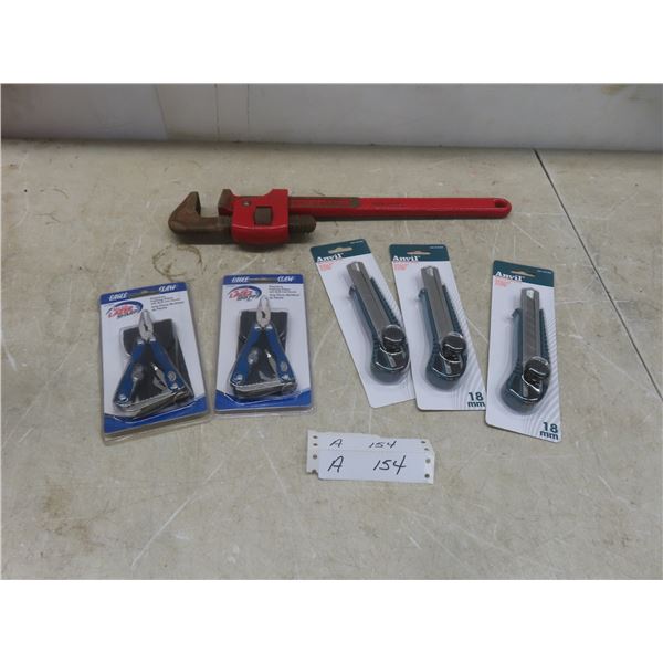 3 New Utility Knives, 2 Fishing Pliers, and 18" Pipe Wrench