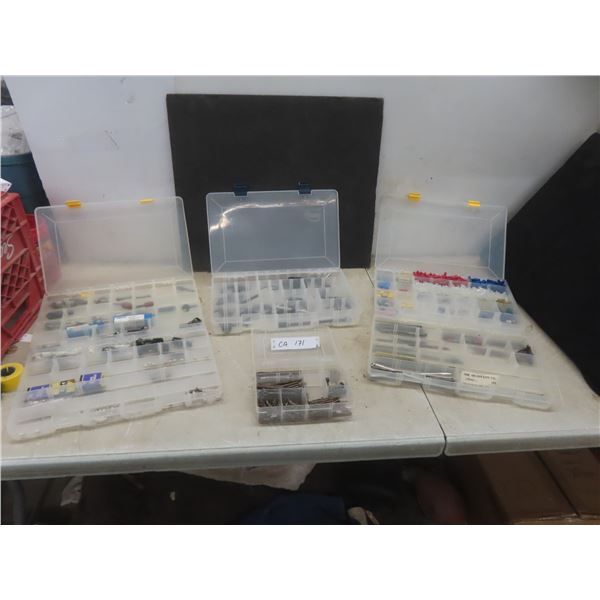 6 Plastic Organizers with Cotter Pins, Router Bits, Fuses, Jigsaw and Scroll Blades, Wire Terminals+