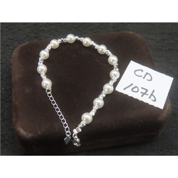 New 925 Sterling Silver 6.0 mm Natural Pearl Bracelet Adjustable 6"-7" Long with White Gold Overlay