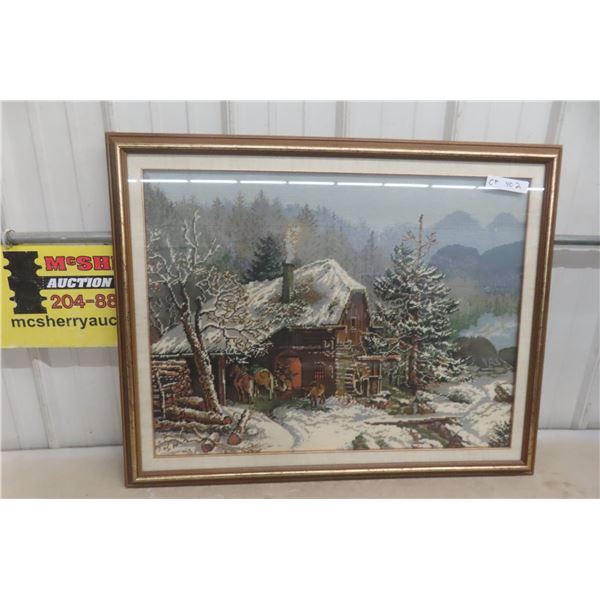 Framed Needlepoint Winter Scene Featuring Cabin and Horses 29" x 36"