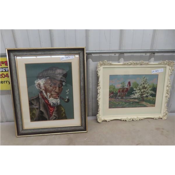 Framed Needlepoint Artworks Depicting a Man and a Cottage Scene Largest 19" x 22 1/2"